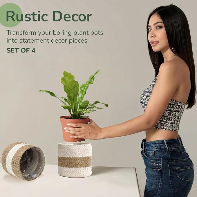 Jute Small Plant Pots Set of 4, 6.5 inches- White & Natural Jute | Jute Planter Basket-Woven Rope Covers for Decorating Indoor/Outdoor Succulents Multi-Purpose Storage Bins Modern Style Decor