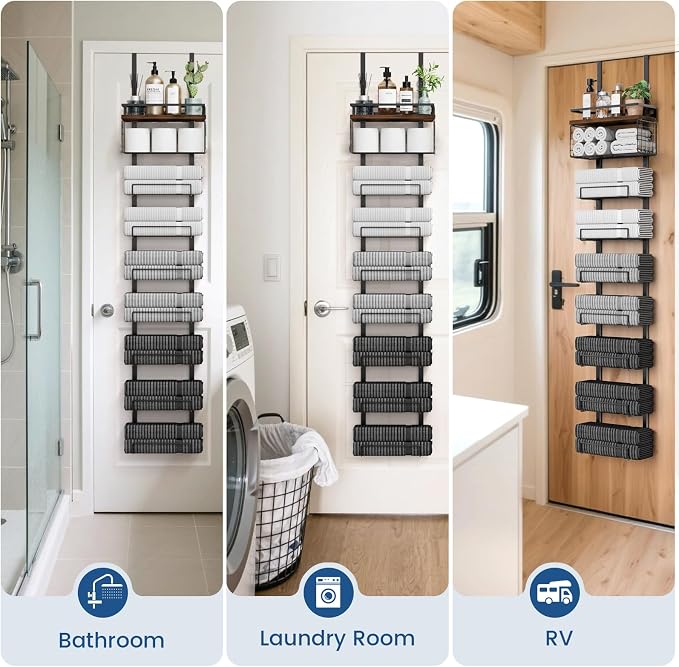 Aetyord Towel Racks for Bathroom Over The Door Towel Racks Towel Storage Organizer with Metal Shelf Basket for Bathroom Rv Camper (9-Tier Black with Brown Plank)