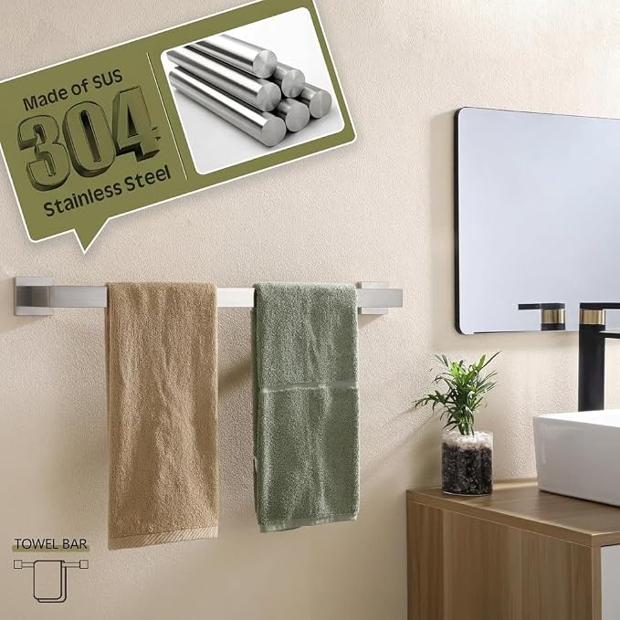 5-Piece Bathroom Hardware Set, 23.6 in Towel Bar, Brushed Nickel | SUS304 stainless steel, 55 mm square bases, concealed screw mount, towel ring, toilet paper holder, 2 robe hooks