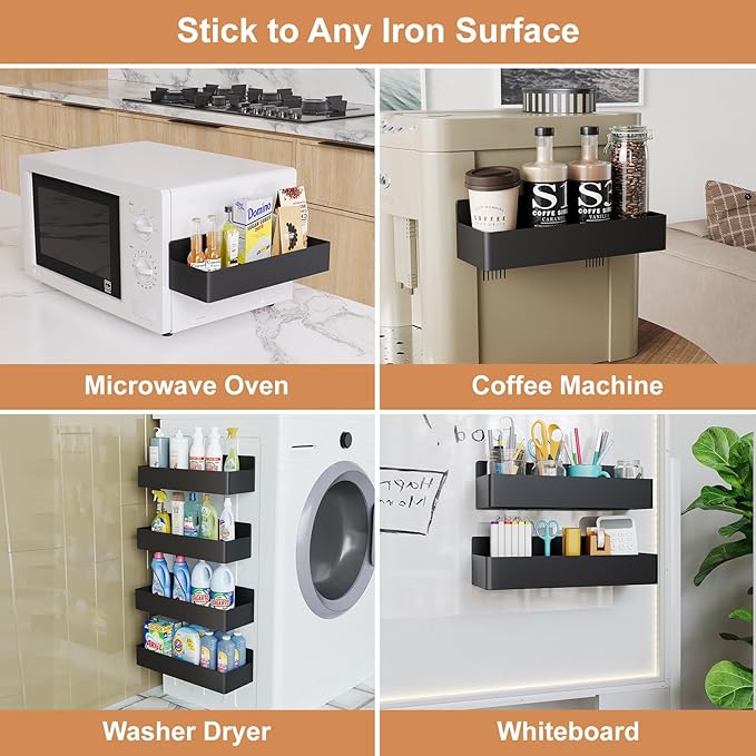 Mystozer Magnetic Spice Rack for Refrigerator, Kitchen Organizer and Storage Shelf, Black (2 Pack)…