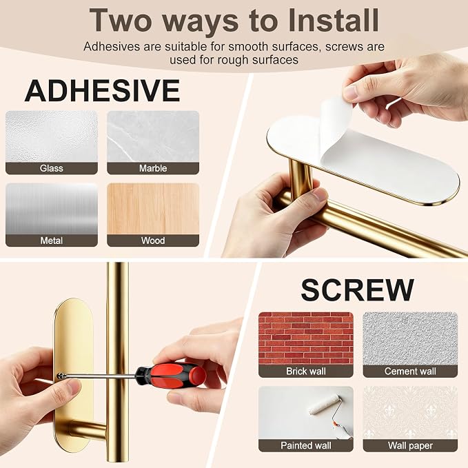 Paper Towel Holder, 2-Pack US304 Stainless Steel Wall Mount Rack, Self-Adhesive No Drilling, Rustproof Space Saving Under Cabinet Mount, Organizer for Kitchen, Bathroom, RV, Pantry (Gold)