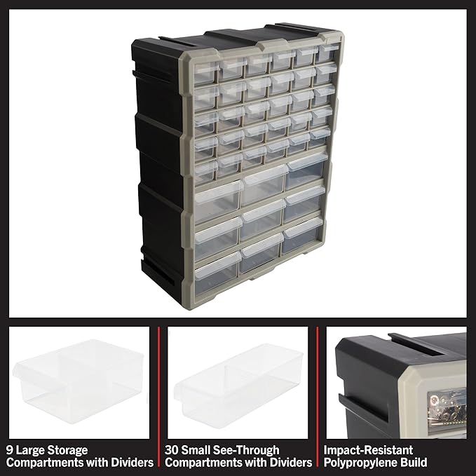 Stalwart 39-Drawer Plastic Small Parts Organizer, Black | Desktop, Tabletop, or Wall Storage Drawers for Organizing Hardware, Crafting Supplies, Garage, or Classroom