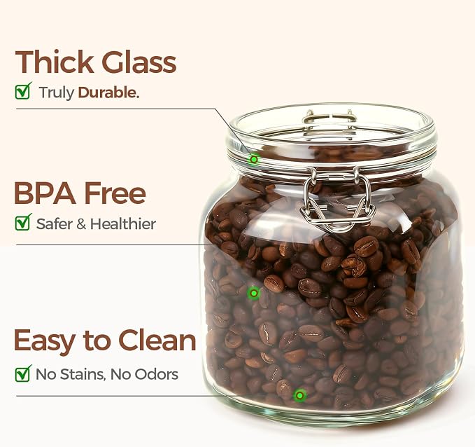 ComSaf Square Glass Pantry Jars with Airtight Lids 34 oz 3 Pack Coffee | Coffee beans, Tea sugar flour, Coffee station, Pantry organization, Small apartments, Countertop storage, Pickle