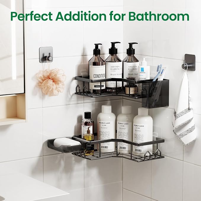 Adhesive Shower Caddy, 4 Pack Corner Bath Organizer, Rustproof Stainless Steel Shower Shelves with Large Capacity, No Drilling Shelves for Bathroom Storage, Home, Kitchen Décor