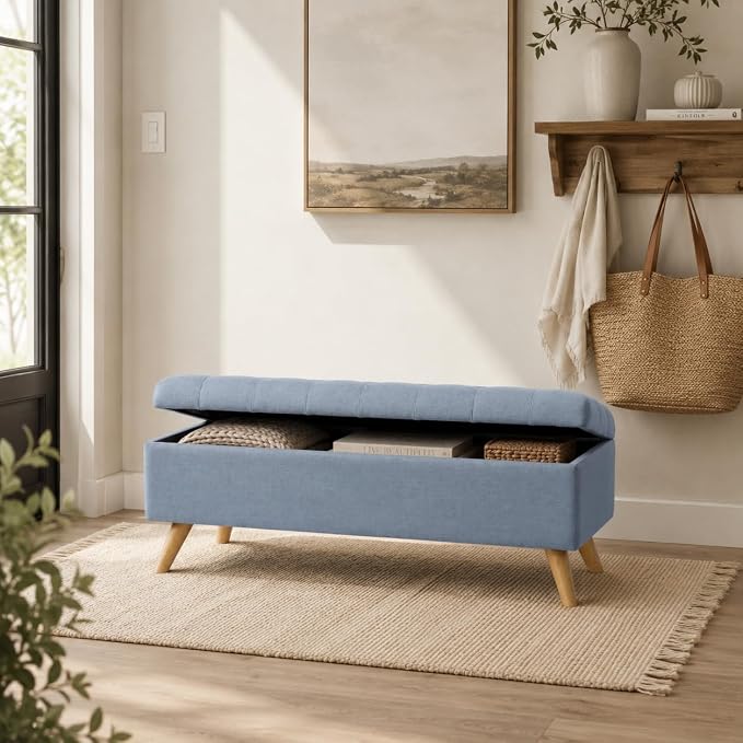 HomePop 48" Modern Tufted Storage Bench - Dusty Blue Woven