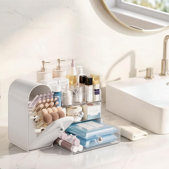 Delamu Makeup Organizer for Vanity with Closed Brush Holder, Large Bathroom Counter Organizer with Drawers, Skincare Organizers for Countertop, Storage Perfume Cosmetic Beauty, Girl Gifts (White)