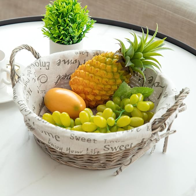 Round Wicker Storage Basket, Natural Handwoven Willow Rattan Basket with Cloth Liner & Sturdy Handles, Farmhouse Decor Bread Fruit Organizer for Kitchen Counter, Pantry