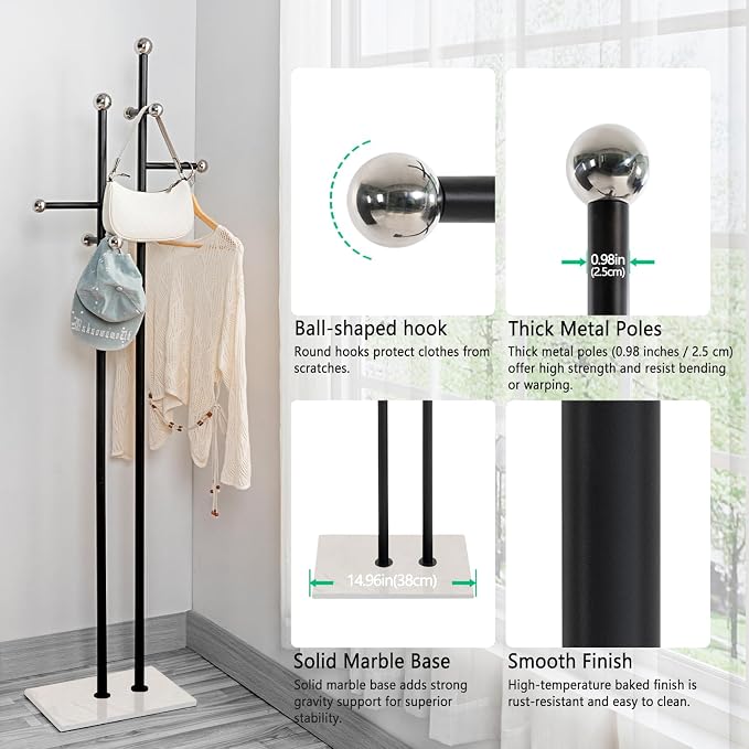 Metal Standing Coat Rack for Entryway Bedroom Living Room (Black) | Easy Assembly, Compact Footprint, Space Saver, Metal Frame, Marble Base, Sturdy, 8 Spherical Hooks, Office, Corner