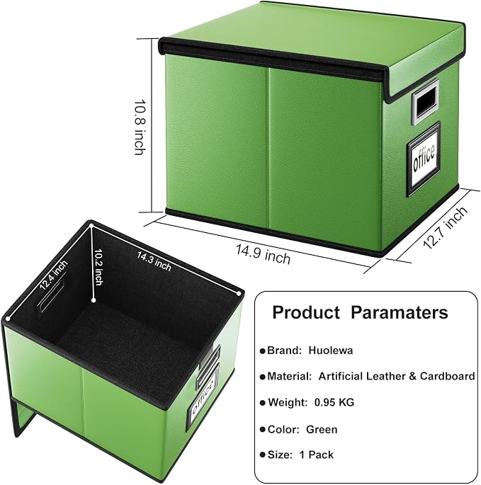 File Organizer Box with Lids, Collapsible File Folder Organizer | File Box with Plastic Slides for Document, Filing Bin for Letter Size Hanging File Folders (1 Pack, Green, Leather)