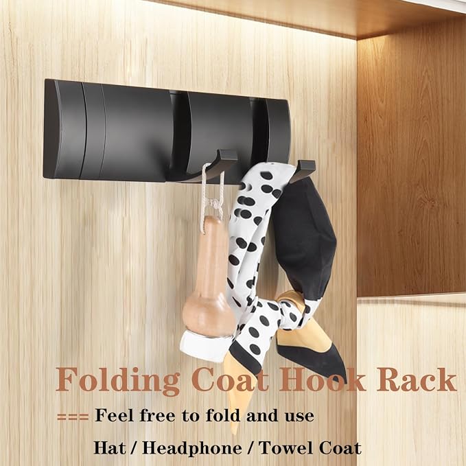 Folding Coat Hooks, Wall Mounted Coat Rack with 3 Retractable Hooks, Heavy Duty Towel Rack for Bathroom Wall Hook for Hanging Clothes Bathrobe, Stainless Steel Coat Hanger for Entryway(Black)