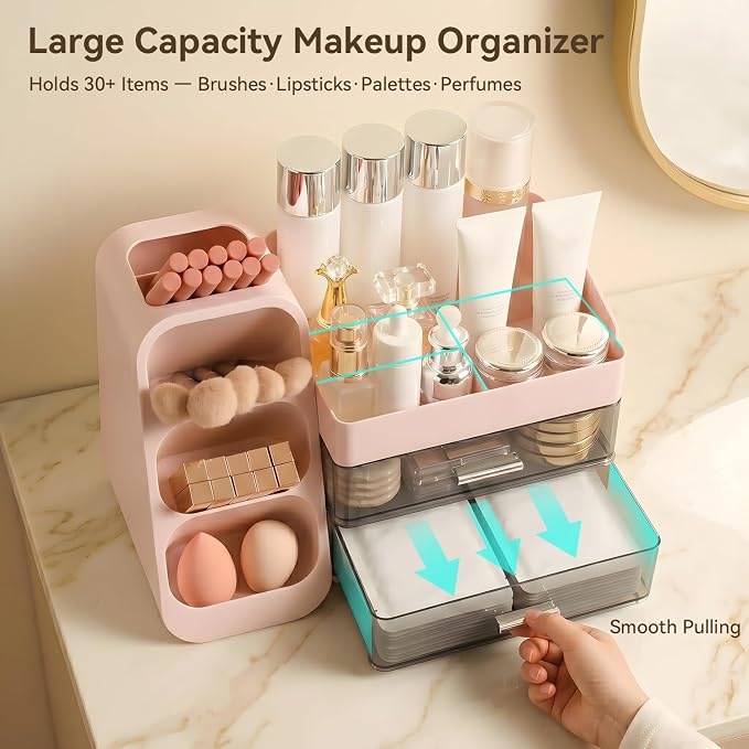 Makeup Organizer for Vanity with Brush Holder and 2 Drawers, Pink | Large-Capacity Makeup Holder Organizes Skincare, Cosmetics and Daily Beauty Products for Tidy Vanity and Bathroom Counters