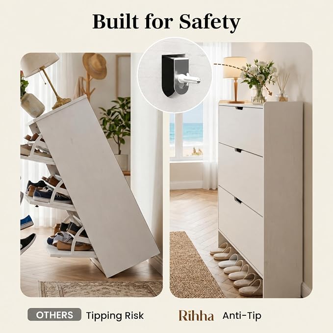 White Slim Shoe Cabinet with 3 Flip Drawers, 52" Tall Narrow Shoe Storage Cabinet for Entryway, Hidden Shoe Organizer Cabinet