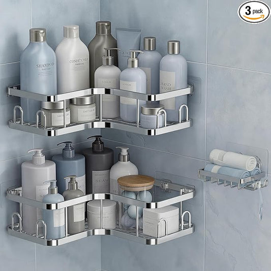 Veken Corner Shower Caddy 3-Pack, Advanced Rustproof Design&Stable Storage | No Drilling Adhesive Shelves, Rack with Soap Holder & Hooks, Thickened Metal Frame, Bathroom Organizers and Storage, Silver