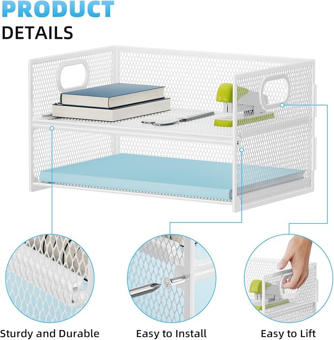 Marbrasse 2 Tier Paper Organizer Letter Tray, Mesh File Organizer with Handle, Paper Sorter Desk Organizer for Home Office Supplies - 2P White
