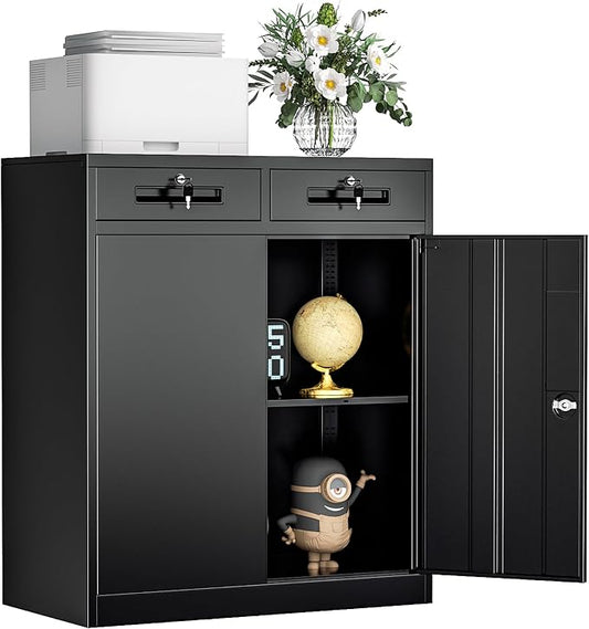INTERGREAT Metal Storage Cabinet with Drawers, 36”H Lockable Office Storage Cabinets with 2 Doors and Adjustable Shelves, White Steel File Cabinet for Home Office, Garage, School, Apartment(Black)
