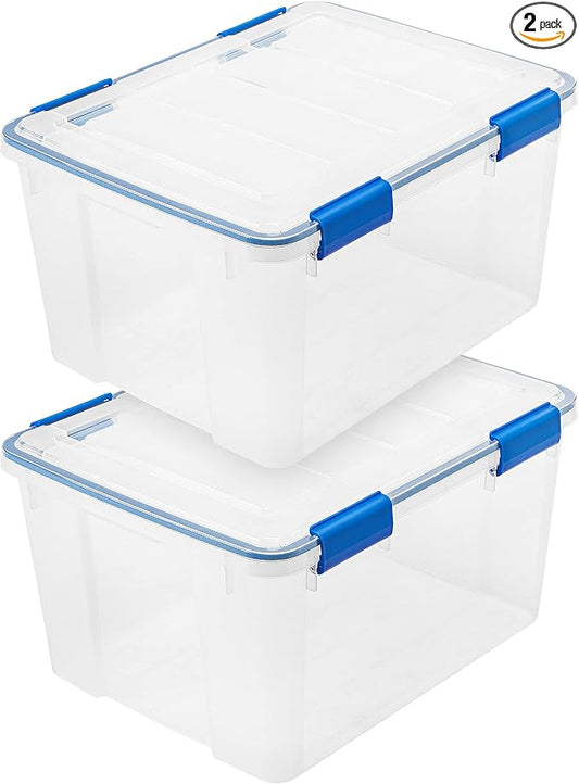 IRIS USA 2-Pack 44 Qt Storage Bins with Gasket Lids, Clear/Blue | WeatherPro seal helps protect bulky items for moving, garage, attic and basement storage