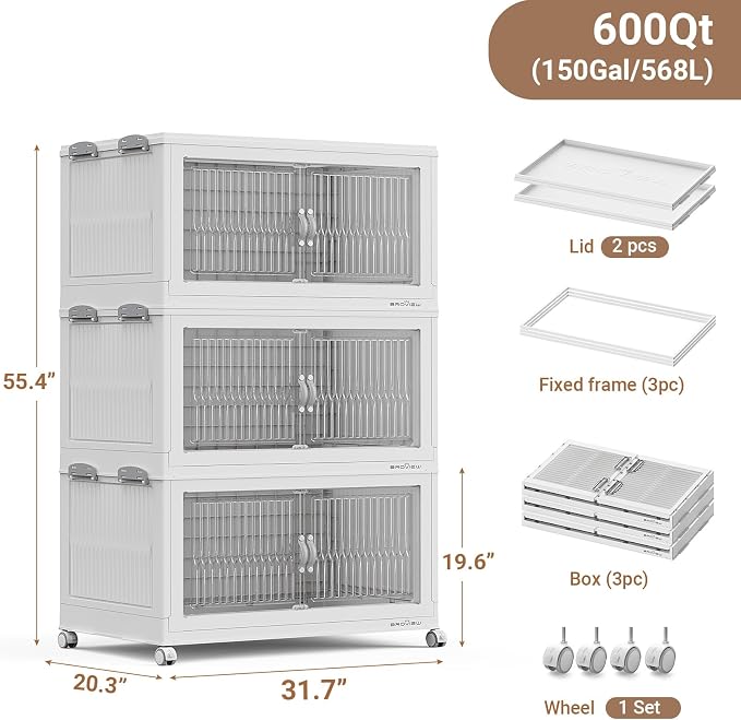 BROVIEW 600 Qt Extra Large Stackable Storage Bins with Lid, Plastic Closet Organizer and Storage Drawer, Collapsible Storage Box with Wheels, Folding Storage Cabinet for Closet Organizing, 3Pack White