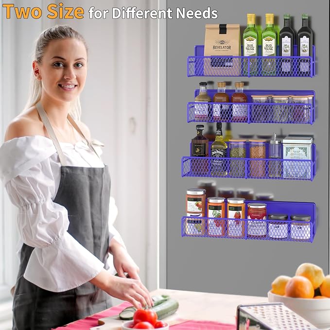 DTUQYX Magnetic Spice Rack for Refrigerator, 4 Pack 100% Metal Strong Magnet Fridge Shelves, Space Saving Spice Organizer, No Drilling Home Kitchen Laundry Room Storage Organization, Purple Blue