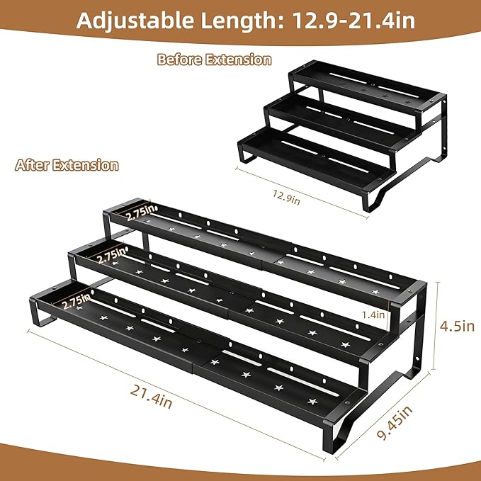 Expandable Spice Rack Organizer for Cabinet 3 Tier Spicy Shelf Black 2Pack | Adjustable Length 13"-21", Easy to See Labels, Sturdy Metal, Slip-Resistant Guardrails for Jars, Cabinet & Countertop Storage