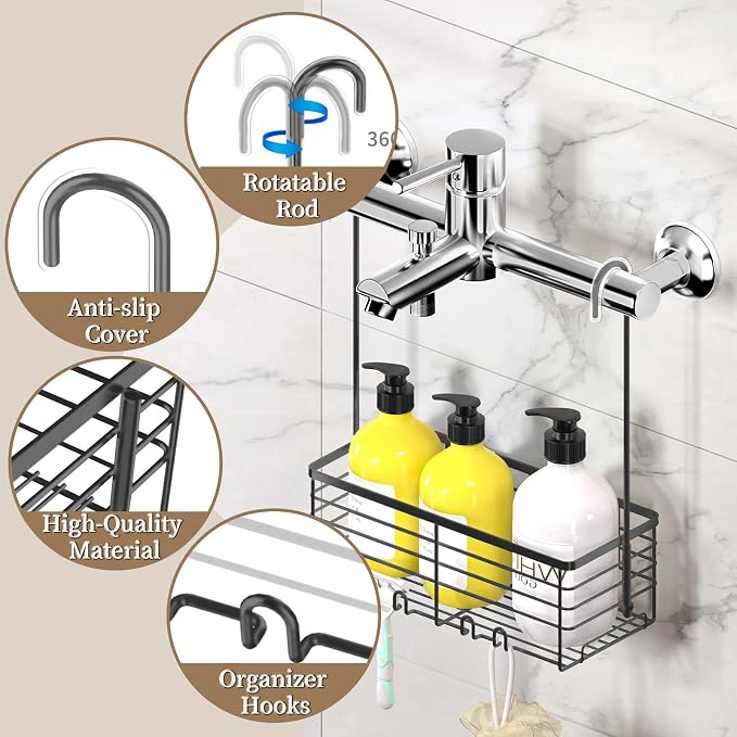 DELLAN Hanging Shower Rack, Shower Organizer Hanging for Bathroom, Black | Shower Rack with Hooks Over the Door, Bathroom Shower Caddy and Basket