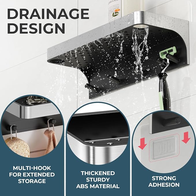 Shower Caddy Adhesive with 5 Hooks & Drainage, No-Drill, Silver | Plastic Wall Bathroom Shelf Rack Organizer, Inside Shower Storage Holder for Bath Accessories, Rustproof Bathroom Shelves
