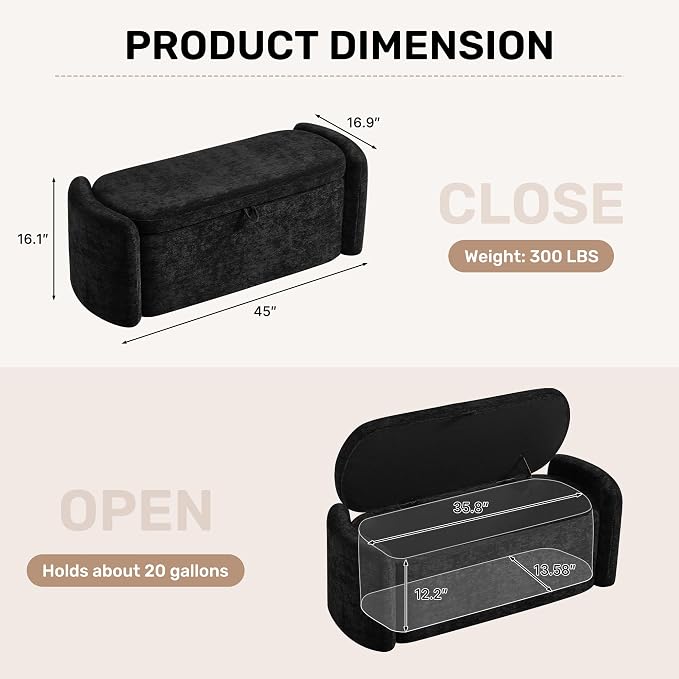 Oval Ottoman Bench with 20 Gal of Storage Space Upholstered Chenille Seat End of Bed Storage Bench Storage Ottoman with Storage for Bedroom, Living Room, Entryway, Window (Black)
