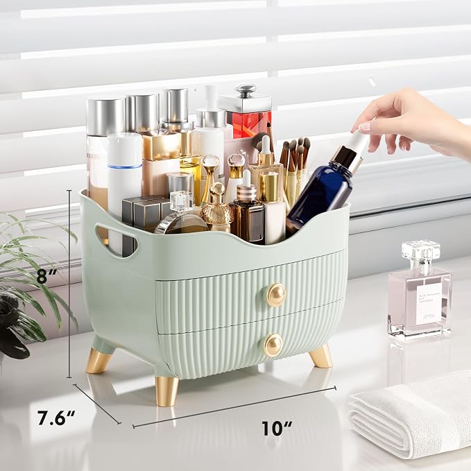 Makeup Organizer Countertop, Large Capacity Skincare Organizer for Vanity | Cosmetics Organizer with Drawes & Handle, Cosmetic Display Cases Storage Box for Dresser, Bathroom, Gifts for Women(Green)