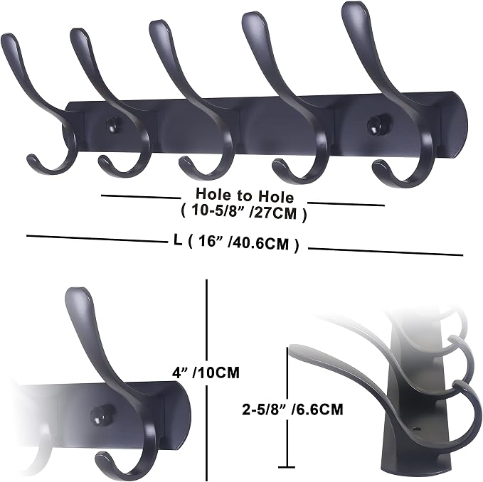 SKOLOO Coat Rack Wall Mount - Modern, Metal Wall Coat Rack with 5 Hooks, Pack of 2, Sturdy Wall Mounted Coat Hooks for Hanging Coat, Jacket, Clothes, Hat, Matte Black