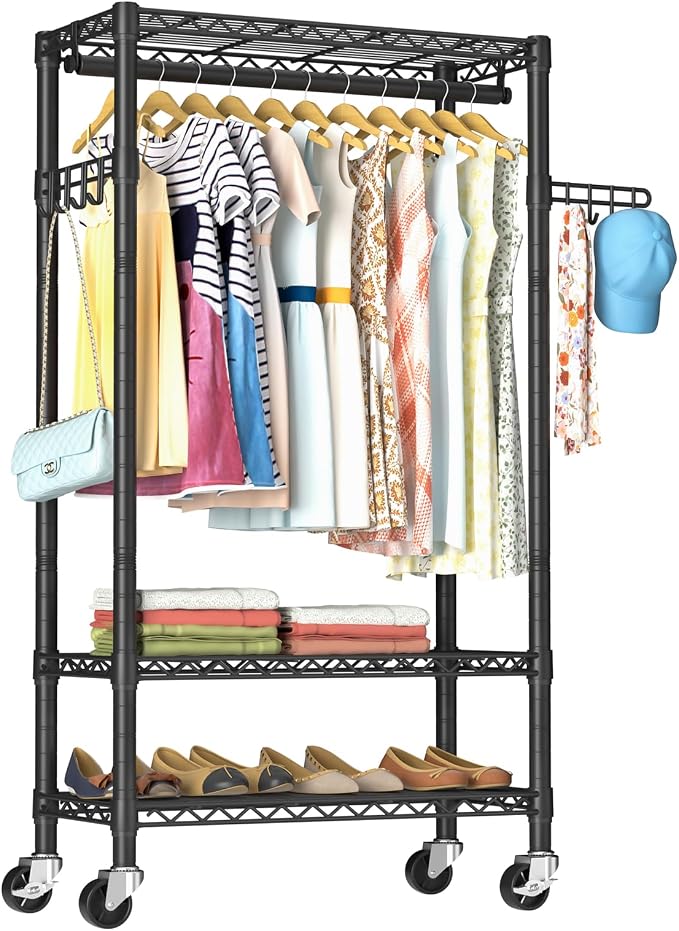 Golpart Heavy Duty Rolling Clothes Rack Wheels Portable Metal Garment Rack | Wardrobe Adjustable Wire Shelving Metal Double Clothing Racks for Hanging Clothes Organizer Closet Laundry Room Organization