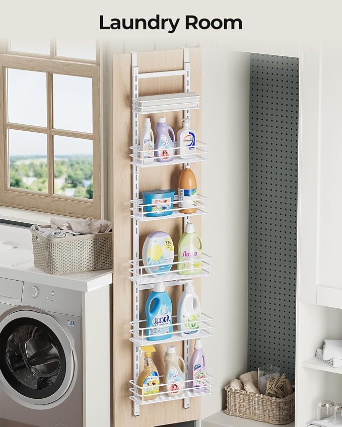 6-Tier Narrow Pantry Door Organizer,Over the Door Pantry Organizer,White | Height Adjustable Heavy Duty Hanging Metal Basket,Back of Door Organizers and Storage for Home,Kitchen,Laundry,Bathroom