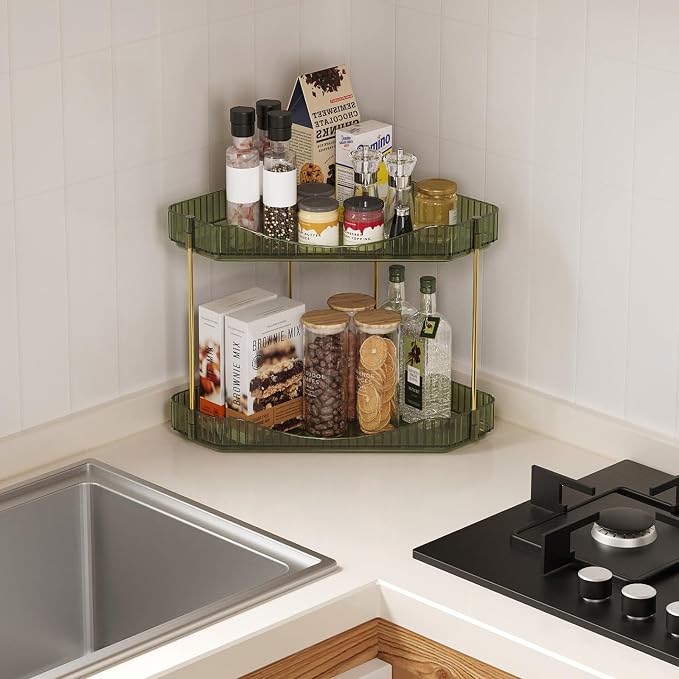 Lifewit 2 Tier Corner Bathroom Counter Organizers and Storage, Green | Plastic Makeup Skincare Organizers Countertop, Large Sink Cosmetic Perfume Shelf for Bedroom, Dresser, Kitchen, Vanity