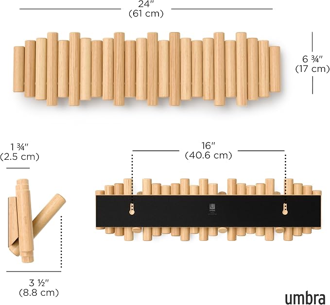 Umbra Picket Coat Rack with 8 Hooks – Natural Wall-Mounted Coat Rack with Flip-Down Wooden Hooks, Real Pine Wood Decorative Wall Storage for Jackets, Hats, Scarves, Bags, Entryway, Bedroom Living Room