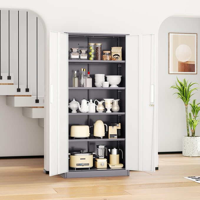 INTERGREAT Metal Storage Cabinet, 72” H Storage Cabinet with Doors and Adjustable Shelves for Office, Home, Garage, Pantry (Assembly Required, Grey White)