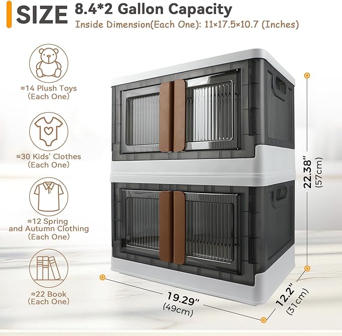 Storage Bin, Foldable Cabinet, 8.4 Gallon (32L) Capacity (Each One), 2 Packs, Collapsible Box with Lids, Transparent, Organizers for Living Room, Bedroom