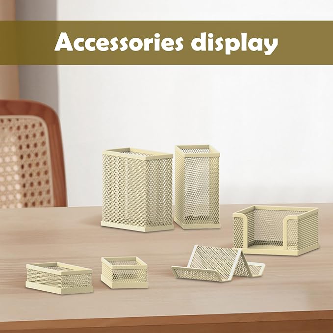 Pen Holder for Desk, 6-Piece Mesh Desk Organizer with Phone Holder, Gold | 6-Piece Black Mesh Desk Set Includes Pen Cups, a Sticky Note Caddy and Phone Holder for Office, School, Home