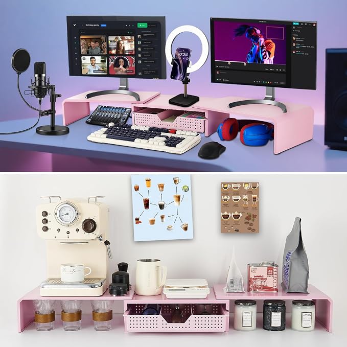 LEKETREE Dual Monitor Stand Riser with Drawer, Desk Organizer and Accessories, Pink Monitor Stand for Desk, Desktop Stand for Computer, Laptop, TV and More (Pink)