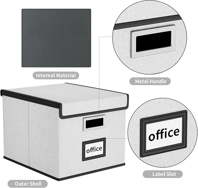 File Organizer Box with Lids, Collapsible File Folder Organizer | File Box with Plastic Slides for Document, Filing Bin for Letter Size Hanging File Folders (1 Pack, Light Gray)