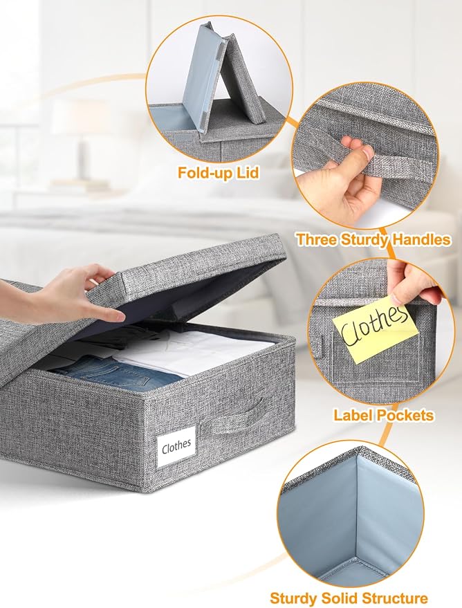 punemi 6 in Tall Under Bed Storage Containers with Lids, 2 Pack, Grey | Stackable Design, Sturdy 3 Handles, for Blankets, Clothes, Comforters & Toys, Underbed & Closet Organization