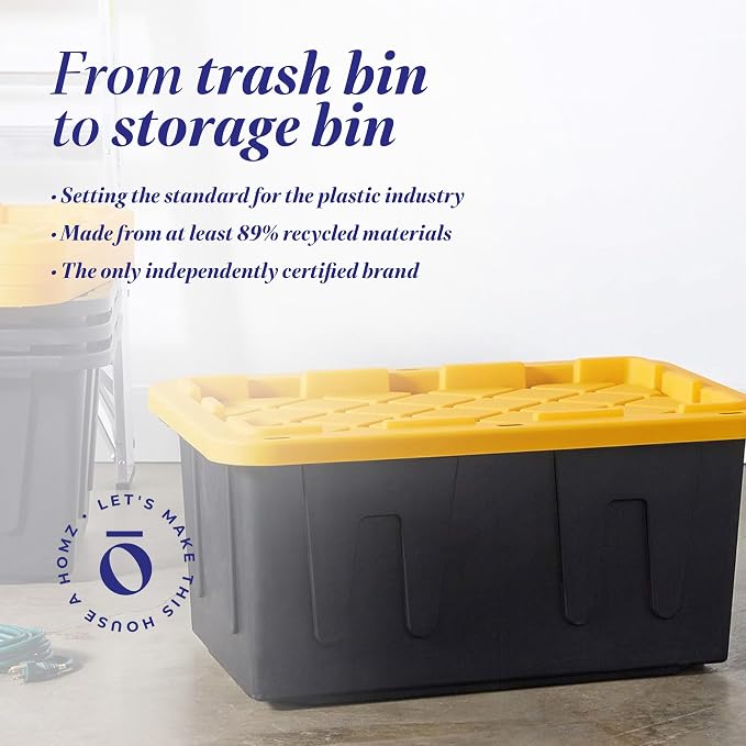 HOMZ 4-Pack Durabilt Tote, Heavy Duty Plastic Storage Bins with Lids, 15 Gallon, Black/Yellow - Stackable Organizing Containers for Home, Garage, and Office