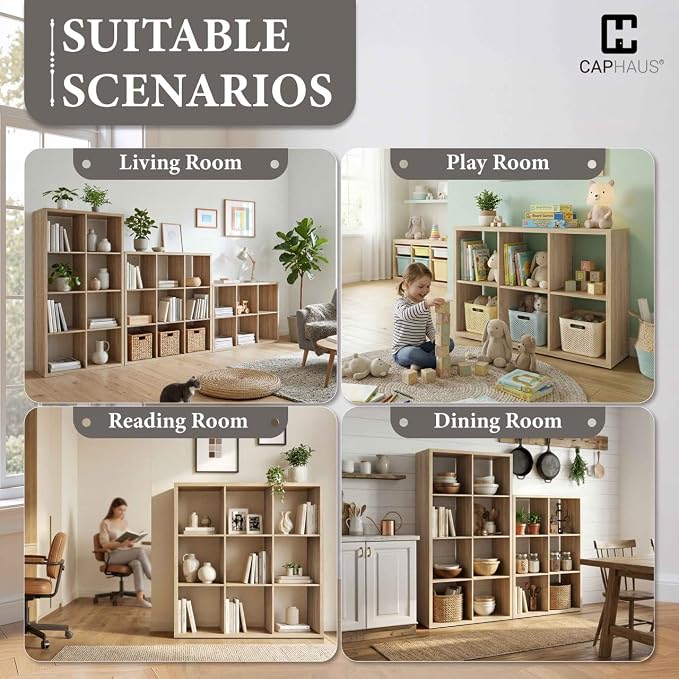 CAPHAUS Sturdy Room 13-Inch Cube Storage Organizer Shelf, with Extra Thick Exterior Edge, Open Storage Shelf Divider, Bookcase, 6-Cube, Natural Oak