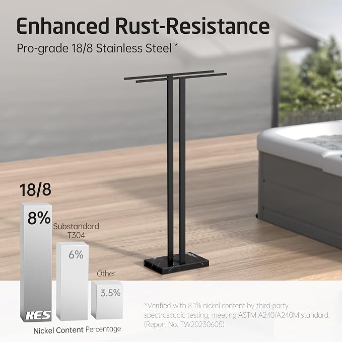 KES 37" Freestanding Towel Rack, Heavy Black Marble Base, Stainless Steel | Equal-height, Fits Large Bath Towels, Stable 8.23 lb Base, Rustproof Stainless T-Bars, Modern Design
