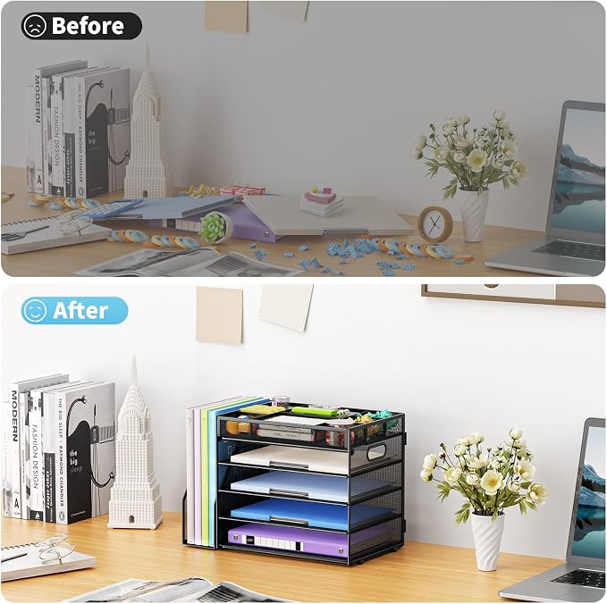 Marbrasse 5-Tier Desk Organizer with File Holder,Paper Letter Tray, Black | Desktop File Organizer with Adjustable Compartments,Mesh Desk Organizers and Accessories for Office Supplies