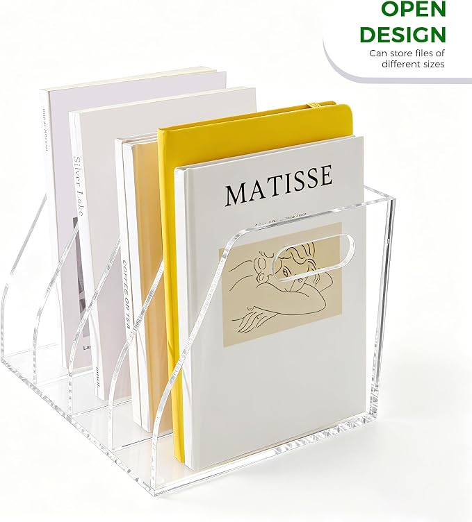 Clear Acrylic Magazine File Holder with Handles, 4-Slot Heavy-Duty Desk Organizer, Vertical Document Sorter & Book Rack for Office, Home & Classroom, Thick 5mm Tabletop Storage, 7.1x8.1x6.3 in