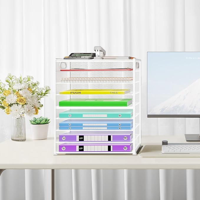 Cawukege 9 Tier Paper Organizer with Handle, Large Capacity Desk Organizer Mesh Paper Letter Tray File Folder Document Sorter for Classroom and Office Accessories Organization- White (2 Pack)