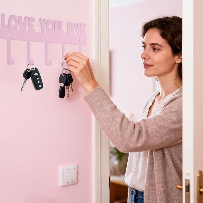 Adhesive Key Hanger Rack, Pink, 10x4 Inch | 5-Hook, Wall Mount Organizer, No Drill Easy Install, For Home Entryway