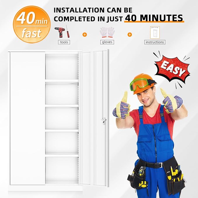 INTERGREAT White Metal Storage Cabinet Doors, 72" Locking Steel Storage Cabinet with Shelves, Tall Metal Cabinet Lockable Steel Cabinets for Home Office, Garage