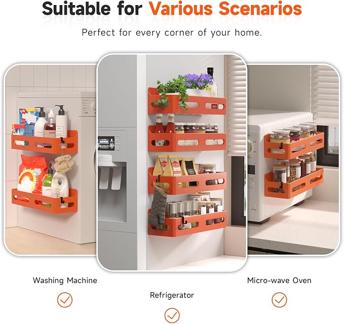 Sevenblue 4-Pack Magnetic Spice Rack for Refrigerator with Hooks, Orange | Strong multipurpose magnetic shelf for kitchen & bathroom organization. Includes 4 removable hooks for hanging items.