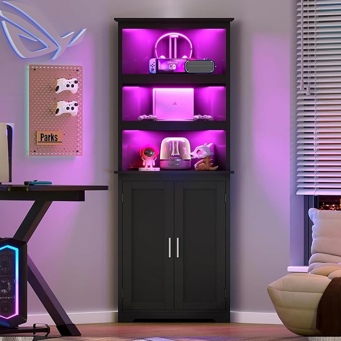 Corner Cabinet, Tall Corner Hutch with 5 Shelves & 2 Doors, Bathroom Cabinet with Adjustable Shelf, for Living Room, Kitchen, Bathroom, Black