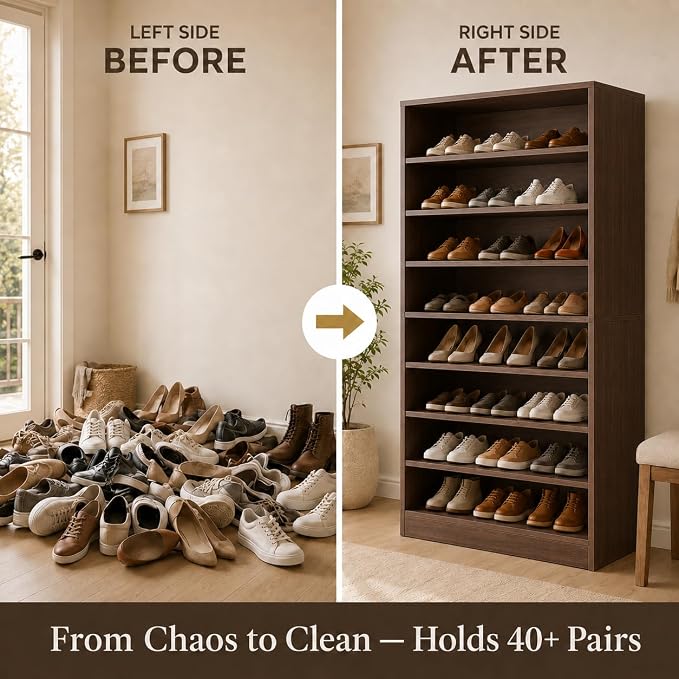9-Tier Tall Shoe Rack Cabinet for Closet & Entryway, Walnut | Wooden Narrow Shoe Organizer Cabinet with Adjustable Shelves, Freestanding, for Bedroom, Hallway