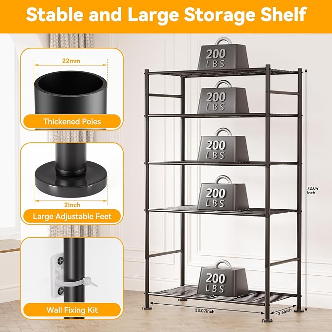 BolDuck 5 Tier Shelf Organizer Rack, Metal Shelving Unit with Adjustable Leveling Feet, Space-Saving Storage Shelves for Garage Closet Laundry Bathroom Kitchen Pantry, 33.07”Wx12.6”Dx72.04”H,Black